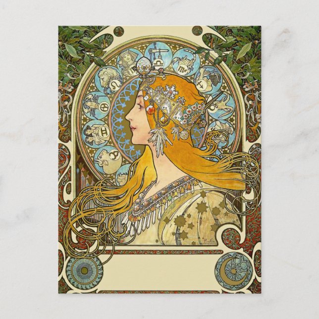 Mucha Art Nouveau Postcard - Zodiac - La Plume Postkarte (Vorderseite)