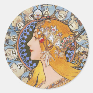 Mucha Art Nouveau Poster - Zodiac - La Plume Runder Aufkleber