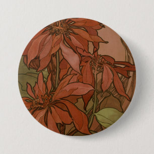 Mucha Art Nouveau Rote Poinsettie Blumendekor Button