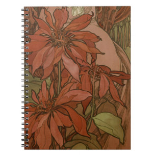 Mucha Art Nouveau Rote Poinsettie Blumendekor Notizblock
