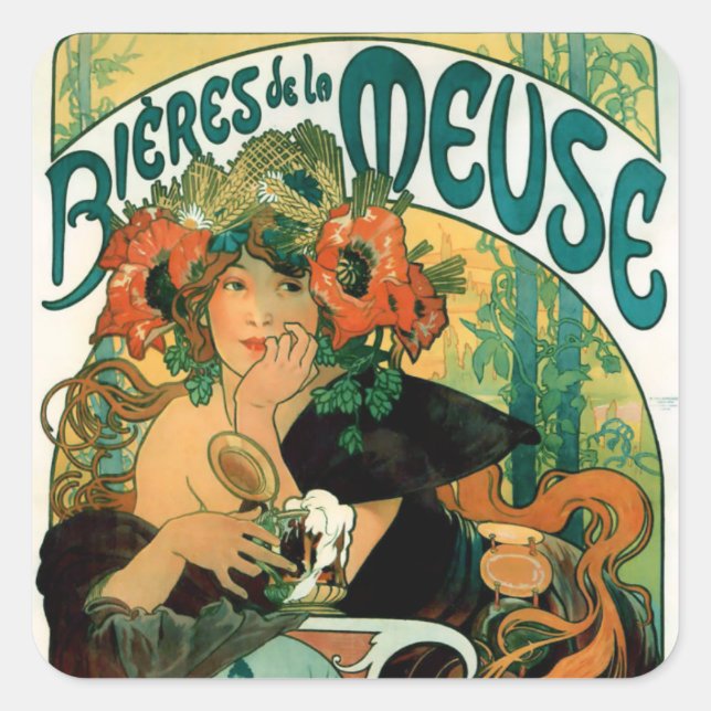 Mucha: Bieres de la Meuse (Bier der Maus) Quadratischer Aufkleber (Vorderseite)