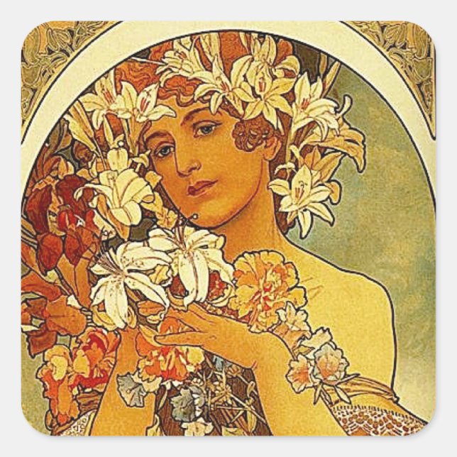 Mucha Blume Quadratischer Aufkleber (Vorderseite)
