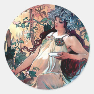 mucha Fallherbstkunst nouveau Plakat Runder Aufkleber