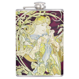 Mucha Frau mit Daisy, Vintag Art Nouveau Flachmann