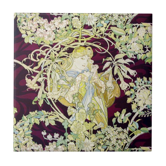 Mucha Frau mit Daisy, Vintag Art Nouveau Fliese (Vorderseite)
