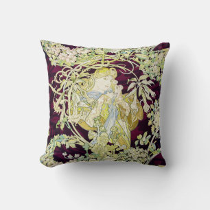 Mucha Frau mit Daisy, Vintag Art Nouveau Kissen