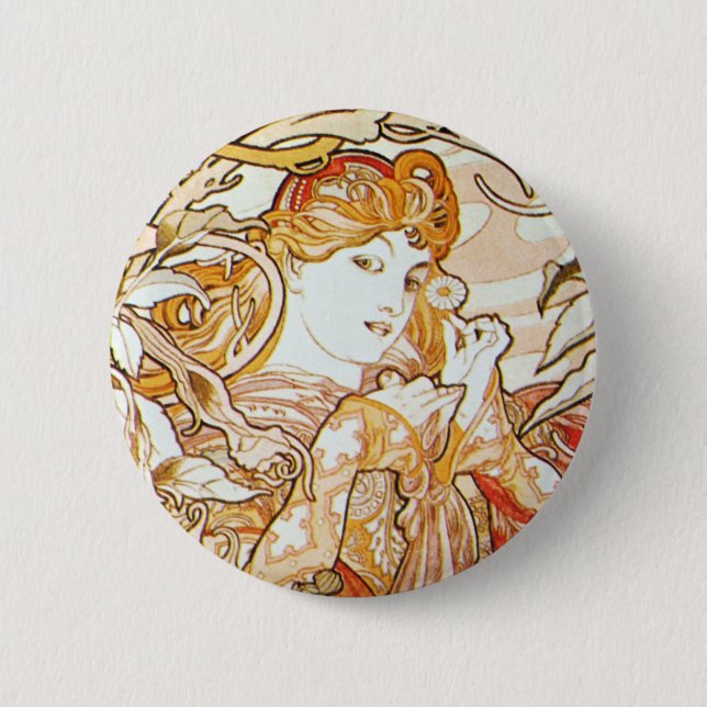 Mucha Frau mit einem Gänseblümchen-Kunst Nouveau Button (Vorderseite)