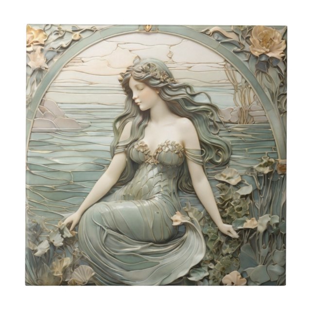 Mucha inspo Mermaid Art Nouveau Imitats Relief L M Fliese (Vorderseite)