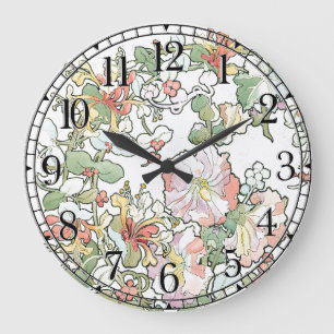 Mucha Kunst Nouveau Hollyhock-Blumen-Wand-Uhr Große Wanduhr