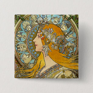 Mucha Kunst Nouveau Knopf - Tierkreis - La-Feder Button