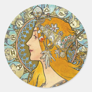 Mucha Kunst Nouveau Plakat - Tierkreis - La-Feder Runder Aufkleber