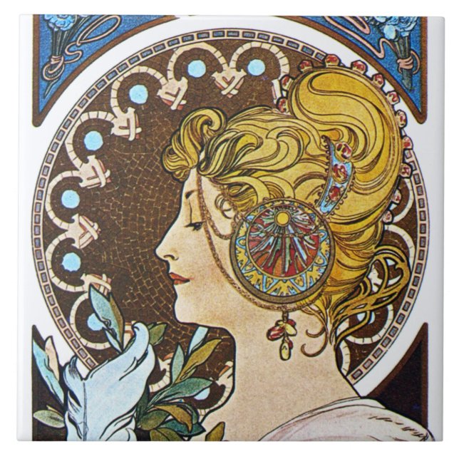 Mucha La Plume Art Nouveau Fliesenschutzgeschenkbo Fliese (Vorderseite)