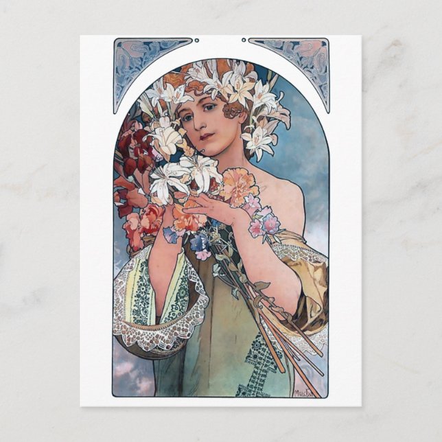 Mucha Lilien Kunst Deko Geschenk Postkarte (Vorderseite)