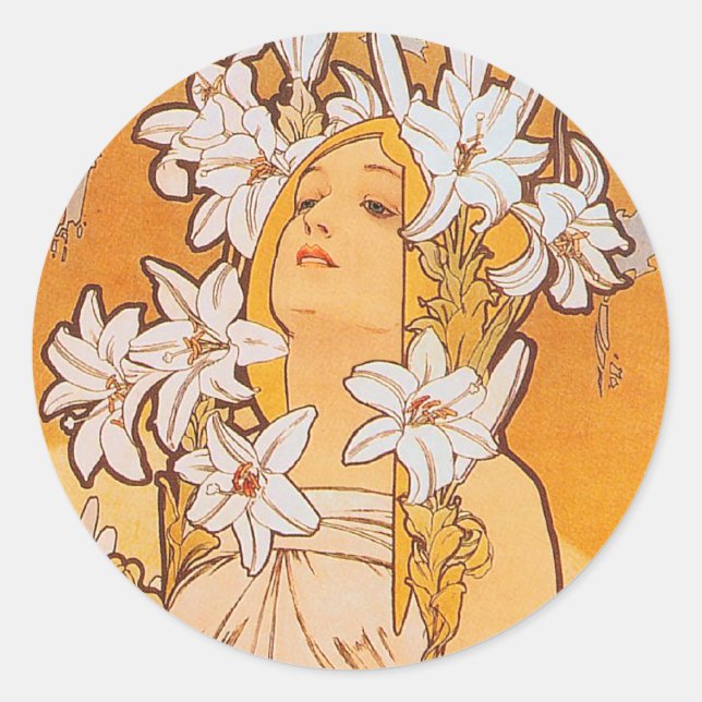 Mucha "Lily" - Blume Runder Aufkleber (Vorderseite)