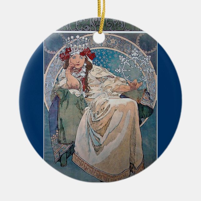 Mucha Prinzessinwinterschneeflockerosa-Kleiderdame Keramik Ornament (Vorne)