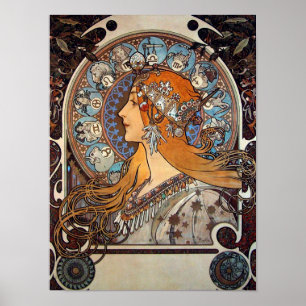 Mucha Retro Art Nouveau Frau Vintage Zodiac Pluma Poster