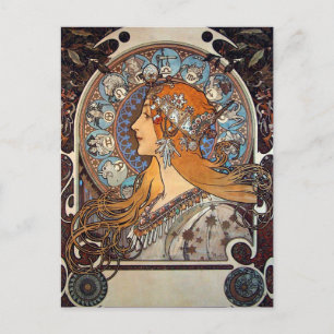 Mucha Retro Jugendstil Frau Vintag Zodiac Pluma Postkarte