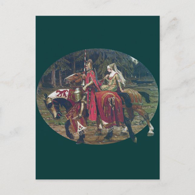 Mucha Ritterfrau malt Pferde Wald romantisch Postkarte (Vorderseite)