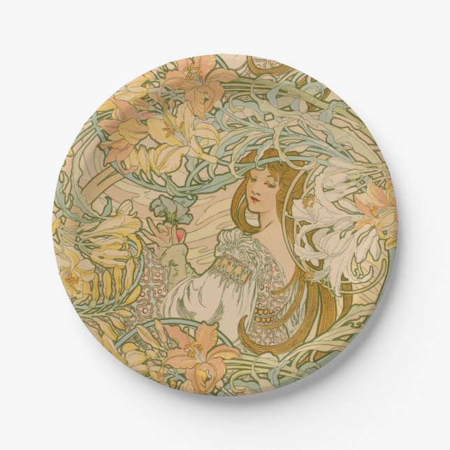 Mucha Sprache der Blume Lilies Art Nouveau Pappteller (Vorderseite)