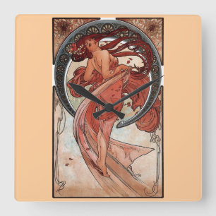 Mucha Tanz Art Deco Quadratische Wanduhr