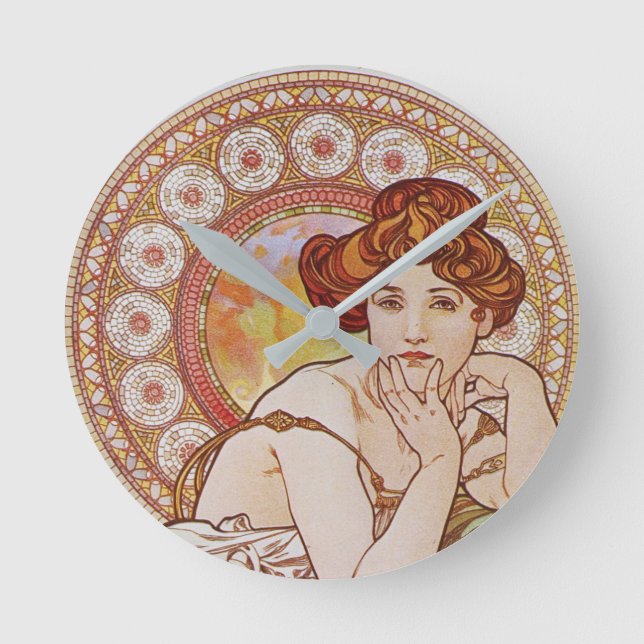 Mucha Vintages Topaz Wertvolle Steine Jugendstil Runde Wanduhr (Vorderseite)