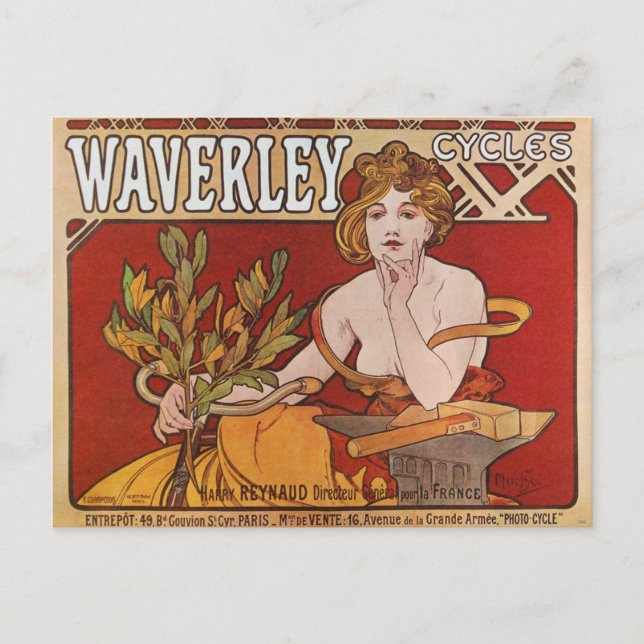 Mucha ~ Waverley Cycles 1898 Postkarte (Vorderseite)