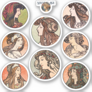 Mucha Women Portraits Circle Sticker Sheet