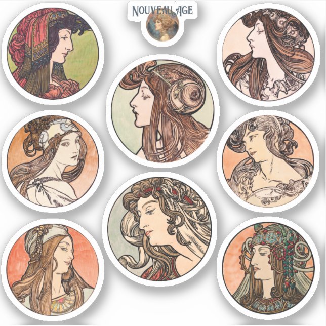Mucha Women Portraits Circle Sticker Sheet (Vorderseite)