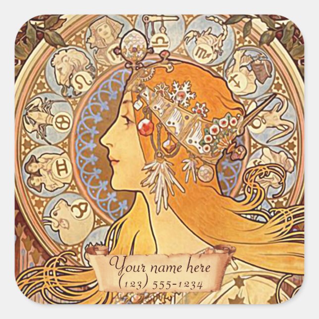 Mucha Zodiac Art Nouveau Buchzeichen Stickers (Vorderseite)