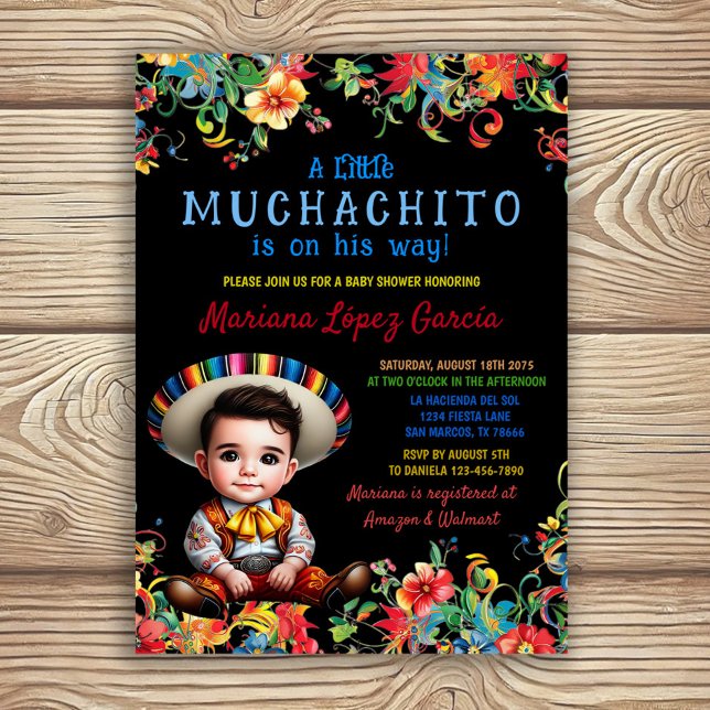 Muchachito Charro Fiesta Babydusche Einladung (Adorable boy fiesta baby shower invitation with colorful flowers and charming baby boy.)