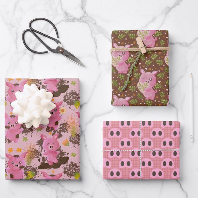 Mud Bath Piggy Schnauze Wrapping Paper Sheets Geschenkpapier Set (Vorderseite)