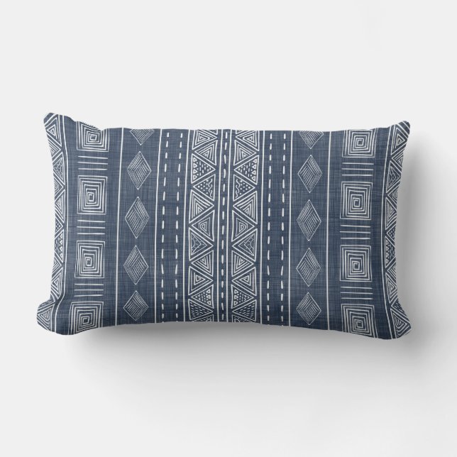 Mudcloth Style Navy Blue und White Tribal Muster Kissen Für Draußen (Vorderseite)