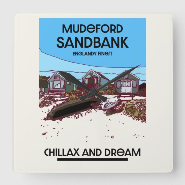 Mudeford Sandbank English Beach Art Quadratische Wanduhr (Vorderseite)