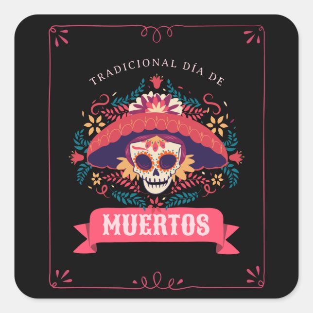 Muertos Skull Day of the Dead Quadratischer Aufkleber (Vorderseite)