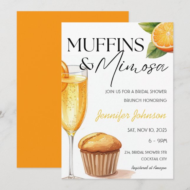 Muffins & Mimosa Orange Brautparty Brunch Einladung (Vorne/Hinten)