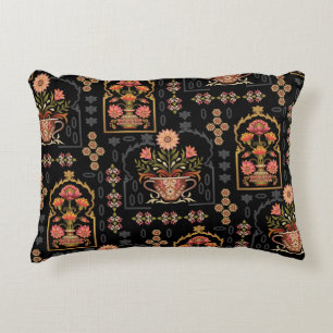 Mughal Floral Motif: Schwarz Nahtlos. Dekokissen
