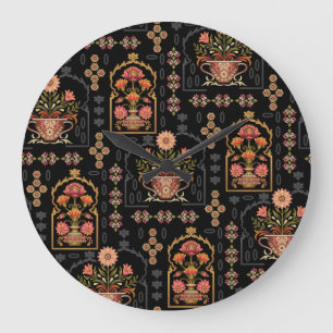 Mughal Floral Motif: Schwarz Nahtlos. Große Wanduhr