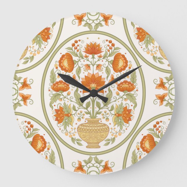 Mughal Motif Fantasy Blume Muster Große Wanduhr (Vorderseite)