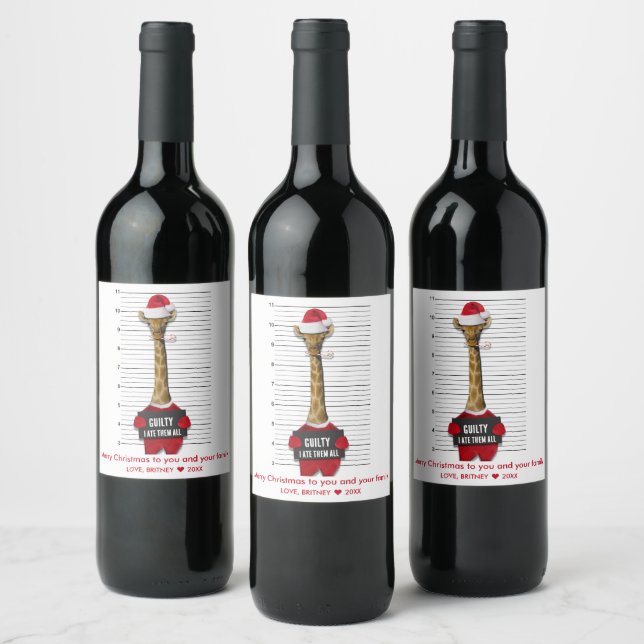 Mugshot Guilty Funny Giraffe Weihnachten Weinetikett (Flaschen)