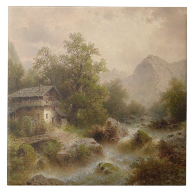 Mühle auf einem Bergbach (von Albert Rieger) Fliese (Vorderseite)