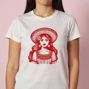 Mujer Mexicana Minimal Red Line Art T-Shirt