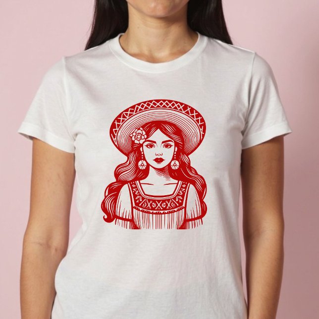 Mujer Mexicana Minimal Red Line Art T-Shirt (Mujer Mexicana Minimal Red Line Art T-Shirt)