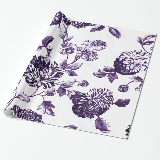 Mulberry Blue Vintag Botanischer Floral Toile Geschenkpapier (Ungerollt)