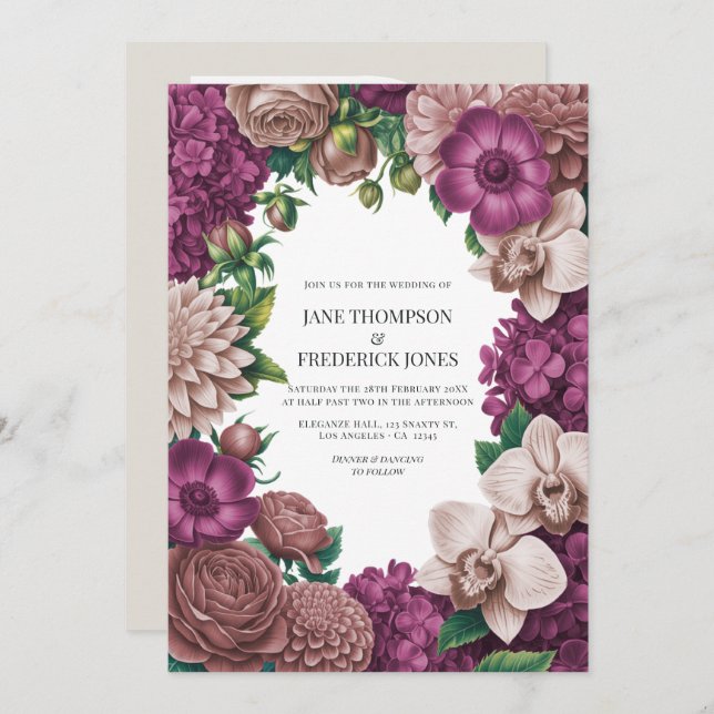Mulberry, Mauve Clay & Soft Fig Wedding Invitation Einladung (Vorne/Hinten)