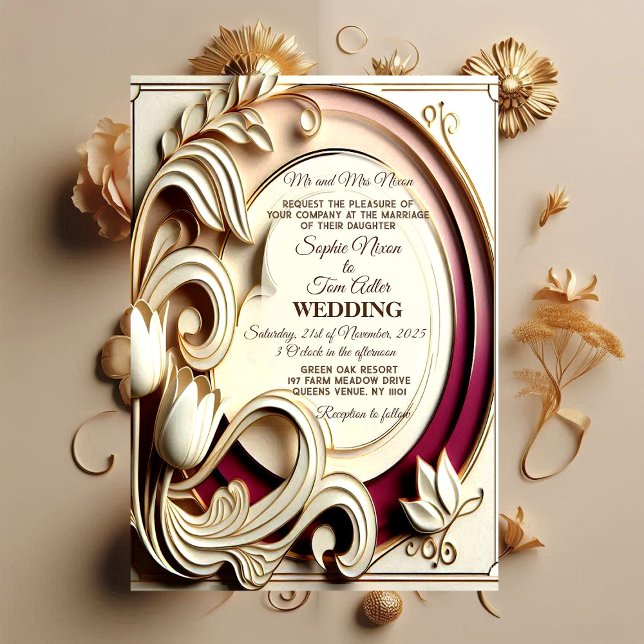 Mulberry Tulip Baroque Grandeur Gold Faux Wedding Einladung (Mulberry Tulip Baroque Grandeur Gold Faux Wedding Invitation)