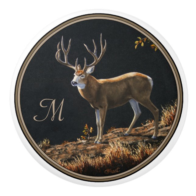 Mule Deer Buck Autumn Trophers Antlers Monogram Keramikknauf (Vorderseite)