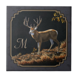 Mule Deer Buck Charcoal Gray Monogram Fliese