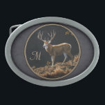 Mule Deer Buck Charcoal Gray Monogram Ovale Gürtelschnalle<br><div class="desc">Mule Reh buck auf einem sonnenbeleuchteten Bergkamm leuchtet im Herbst farbigen Licht. Personalisieren Sie Ihre eigenen Initialen,  Texte oder Monogramme. Mit einem gemusterten Hintergrund aus Holzkohle.</div>