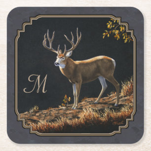 Mule Deer Buck Charcoal Gray Monogram Rechteckiger Pappuntersetzer