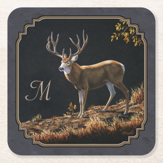 Mule Deer Buck Charcoal Gray Monogram Rechteckiger Pappuntersetzer (Vorderseite)